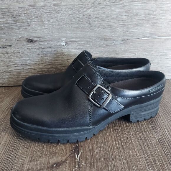 Women’s MERRELL City Leaf Black Leather Buckle Slides Clogs Mules Size 9 - Picture 4 of 9